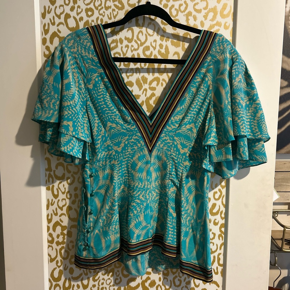 🔥Plenty by Tracy Reese Turquoise Patterned Blouse